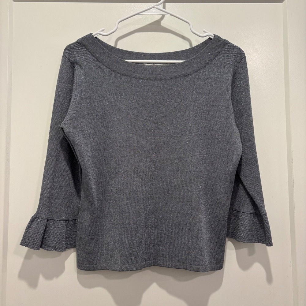 Joseph A Womens Silk Metallic Ruffle Cuff Sweater Charcoal Gray Boat Neck Large